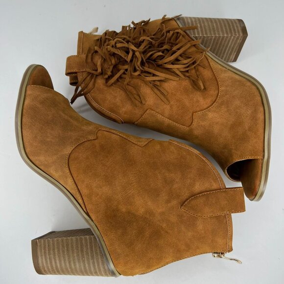 Comfort Womens Brown Fringe Faux Suede Peep Toe Block Heel Size 8 Ankle Bootie - Picture 6 of 9